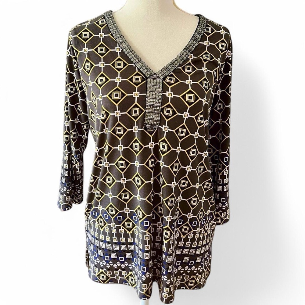 JM collection petite large black & yellow jewel top